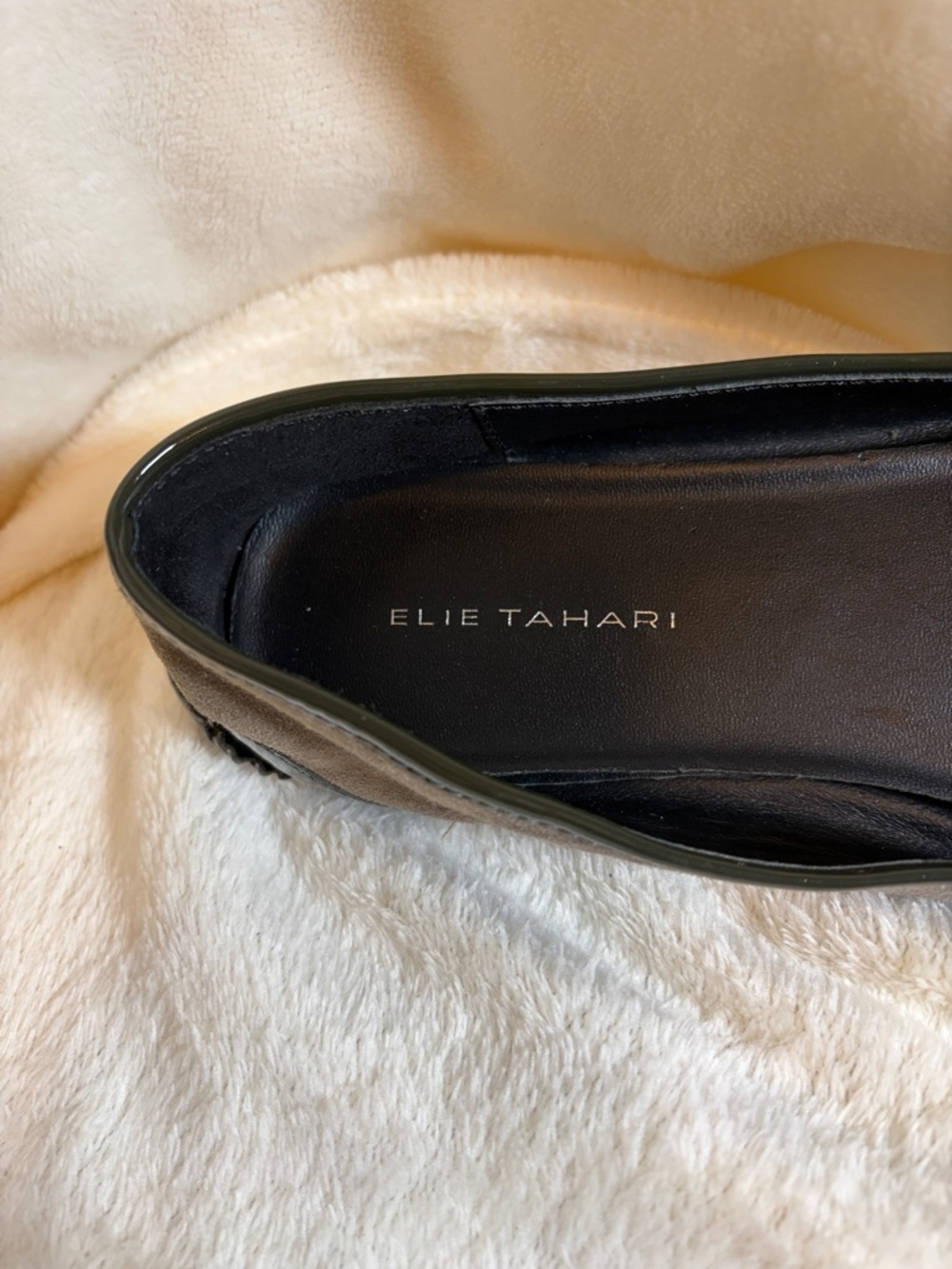 Elie Tahari Gray Suede Loafers with Tweed and Patent Tassels - Picture 8 of 8